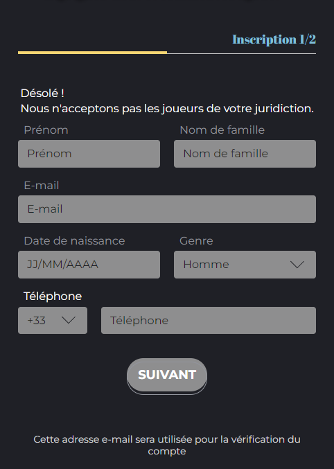 Inscription au Casino Olympe Étape 1