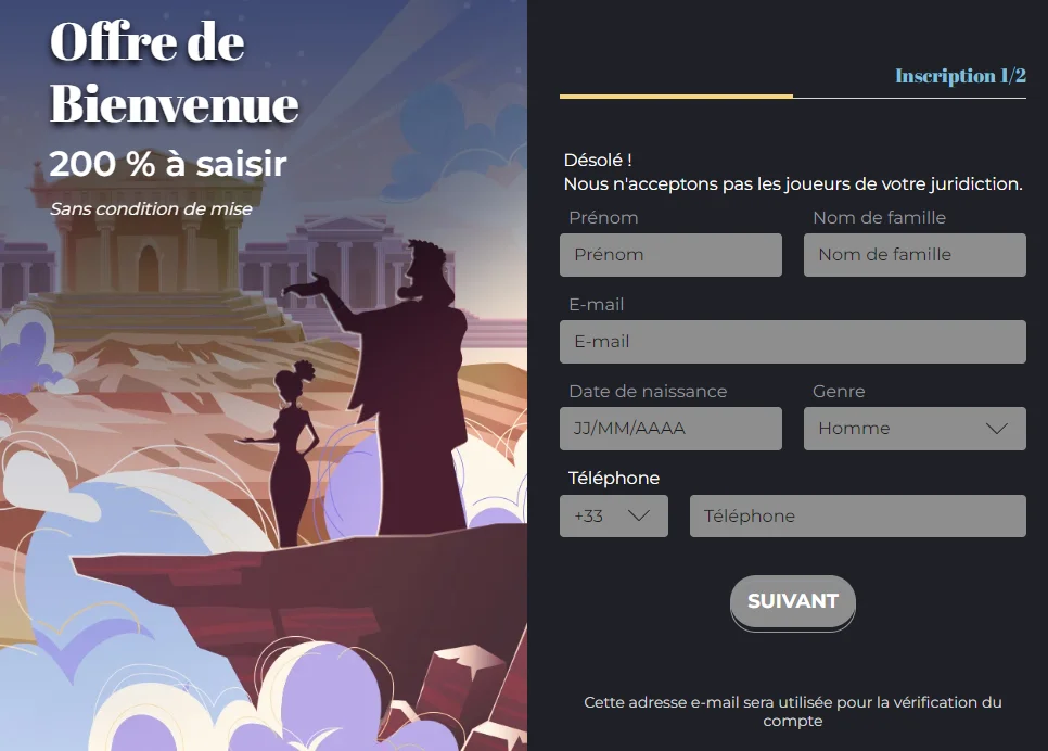 Formulaire d'inscription au casino Olympe